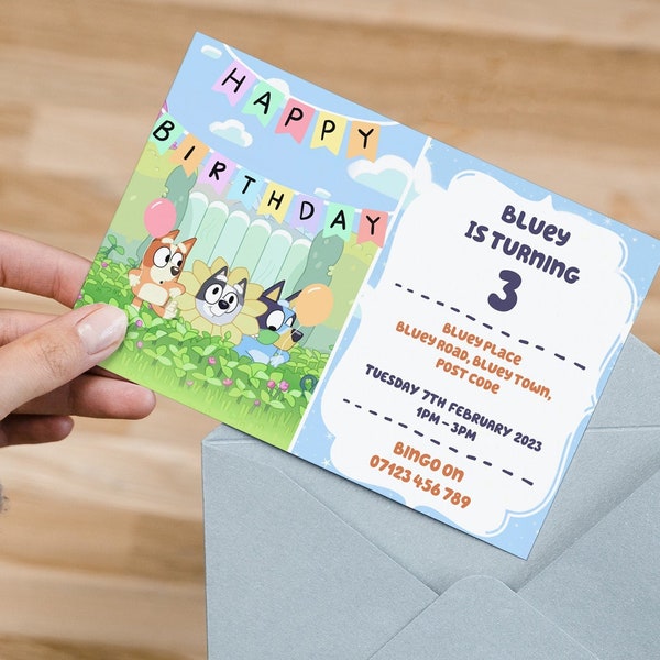 Bluey party invitations & envelopes, Bluey birthday party invites, with free envelopes, personalised bluey invitations for boys and girls