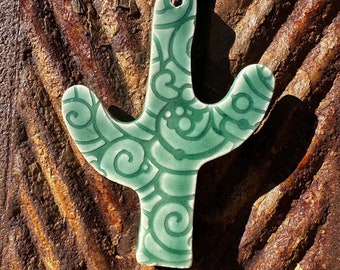Handmade ceramic cactus ornament, made in arizona, whimsical ornament