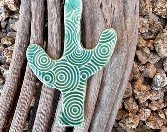 Handmade ceramic cactus ornament, made in arizona, whimsical ornament