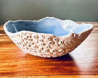 Handmade porcelain barnacle bowl, coastal beach bowl, ocean bowl, decorative ceramic bowl, beach inspired, blue and white ceramic bowl