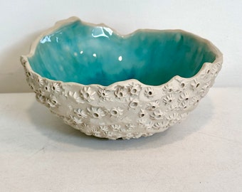 Handmade porcelain barnacle bowl, coastal beach bowl, ocean bowl, decorative ceramic bowl, beach inspired, turquoise and white ceramic bowl