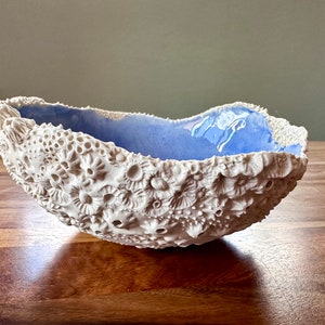 Handmade porcelain barnacle bowl, coastal beach bowl, ocean bowl, decorative ceramic bowl, beach inspired, blue and white ceramic bowl