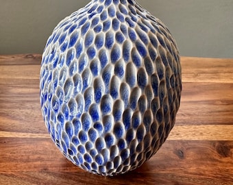 Royal blue textured handmade ceramic vase, highly textured with crackle glaze, stoneware vase, modern vase, hand carved vase, ocean inspired