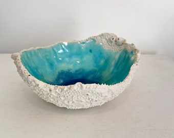 Handmade porcelain barnacle bowl, coastal beach bowl, ocean bowl, decorative ceramic bowl, beach inspired, turquoise and white ceramic bowl