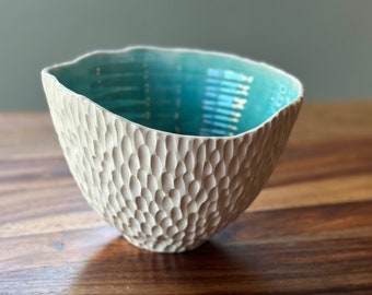 Porcelain ocean inspired bowl, handmade pottery bowl, white ceramic bowl, turquoise aqua bowl, stunning bowl