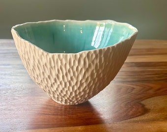 Porcelain ocean inspired bowl, handmade pottery bowl, white ceramic bowl, turquoise aqua bowl, stunning bowl