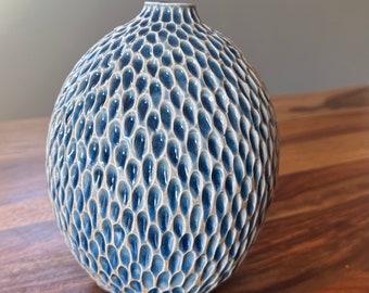Blue textured handmade ceramic vase, highly textured with crackle glaze, stoneware vase, modern vase, hand carved vase, ocean inspired