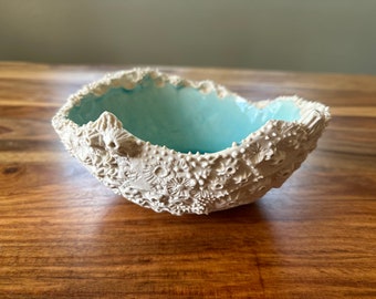 Handmade porcelain barnacle bowl, coastal beach bowl, ocean bowl, decorative ceramic bowl, beach inspired, turquoise and white ceramic bowl