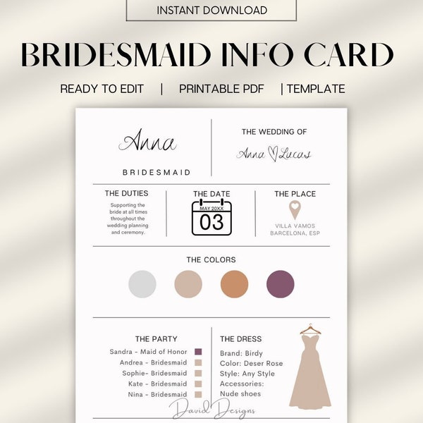 Bridesmaid Info Card Template, Printable Card, Bridal Party Info Card, Bridesmaid Information Card, Modern Minimalist Bridesmaid Infographic