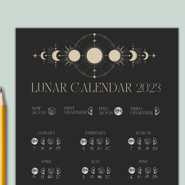2023 Lunar Calendar, Printable Download, Moon Phase Calendar, A4 Size, Complete Cycles of Phases of The Moon, Instant Download