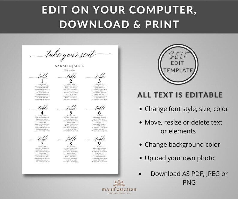 Classic Wedding Seating Chart Template, Elegant Wedding Seating Plan