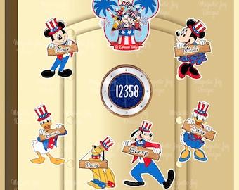 PERSONALIZED 4th of July Independence Day Mickey & Friends - Disney-inspired Magnets For Cruise Ships' Staterooms / red white and blue
