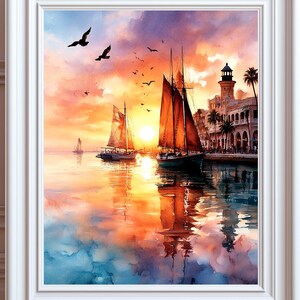 Stampa di barca a vela al tramonto a Key West / Arte murale tropicale di Mallory Square / Download digitale costiero / Stampa nautica oceanica / Stile acquerello