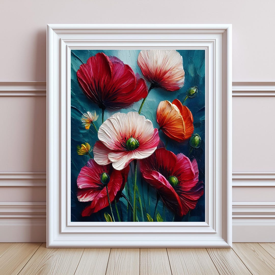 Bold Poppy Flower Wall Art – Red and Navy Botanical Print | Vibrant ...