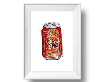 Estrella Damm beer can, illustration, mixed media art, instant download, printable artwork, digital download, printable wall art.