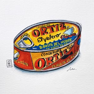 Vernice originale. Scatoletta di tonno spagnolo all'olio d'oliva. arte tecnica mista. Dipinto su carta bianca "Canson XL mixed media", grana media da 300 g