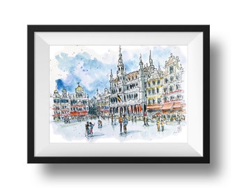 Original painting. Grand-Place (Brussels, Belgium). Mixed media on a 300 g paper. Size 21 x 29,7 cm (8,3 x 11,7 in.)