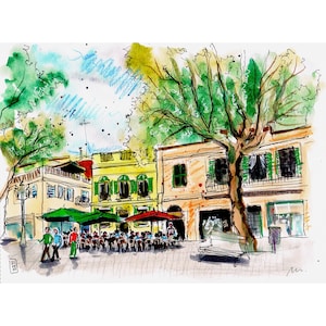 Vernice originale. Piazza della Concordia. Barcellona. Spagna. Tecnica mista su carta da 300 g. Dimensioni 21 x 28 cm (8,2 x 11 pollici)