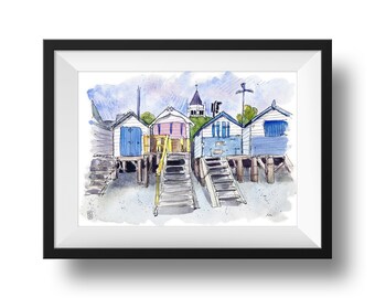 Original paint. Wooden beach huts at Torquay. Devon. England. Mixed media art. Decorative art.