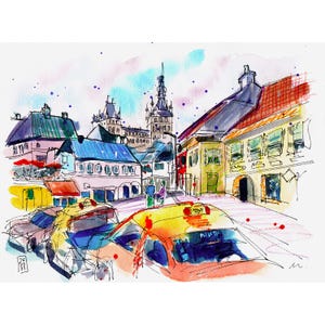 Vernice originale. Sighisoara. Transilvania. Romania. Tecnica mista su carta da 300 g. Dimensioni 21 x 28 cm (8,2 x 11 pollici)