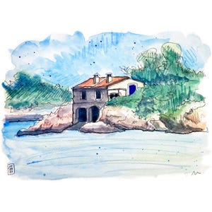 Vernice originale. Platja de S'Amarador (Maiorca - Spagna). Tecnica mista su carta da 300 g. Dimensioni 18 x 24 cm (7,1 x 9 pollici)
