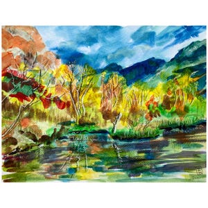 Dipinto originale. Piccolo stagno in autunno. Tecnica mista su carta da 300 g. Dimensioni 30 x 24 cm (11,8 x 9,4 pollici)
