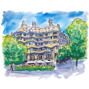 Dipinto originale. Casa Milà (La Pedrera), Barcellona. Tecnica mista su carta da 300 g. Dimensioni 30 x 24 cm (11,8 x 9,4 pollici)
