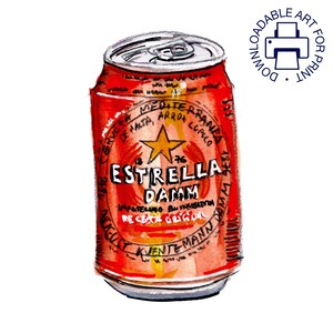 Estrella Damm beer can, digital download, illustration, mixed media art, instant download, printable artwork, printable wall art.