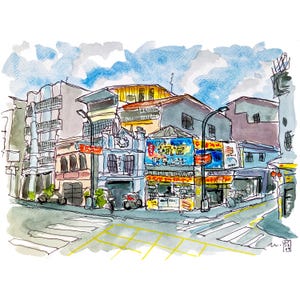 Dipinto originale. Nantun Old Street (Taichung, Taiwan). Tecnica mista su carta da 300 g. Dimensioni 24 x 18 cm (9 x 7 pollici)