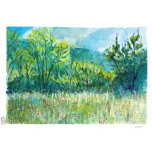 Passeggiata pomeridiana estiva. Dipinto originale. Tecnica mista su carta da 300 g. Dimensioni 21 x 28 cm (8,3 x 11 pollici)