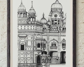 Amritsar - Golden Temple | Line Art Print | India | Historic Landmark | Amritsar Print  | Home Decor | Gift Print