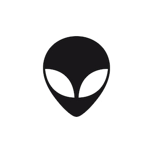 May include: Black and white alien head silhouette with large eyes.