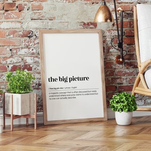 Op de afbeelding: Een zwart-witte printbare wandkunstprint met de definitie van de uitdrukking "het grote plaatje". De print is ingelijst in een licht houten lijst en hangt aan een bakstenen muur.