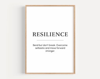 May include: A black and white printable wall art print with the word "RESILIENCE" in bold, followed by the definition: "Bend but don't break. Overcome setbacks and move forward stronger."
