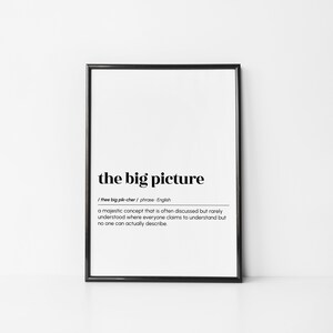 Op de afbeelding: Zwart-witte printbare wandkunst met de definitie van de uitdrukking "het grote plaatje".