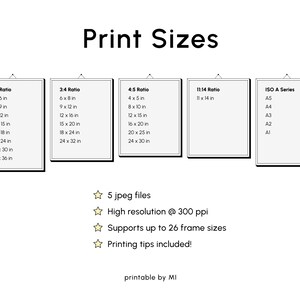 May include: A printable guide showing various print sizes for photographs and artwork. The guide includes 2:3, 3:4, 4:5, 11:14 ratios, and ISO A series sizes. It also mentions 5 JPEG files, high resolution at 300 ppi, support for up to 26 frame sizes, and printing tips.