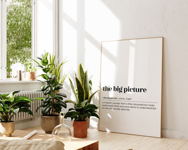 Op de afbeelding: Een ingelijst print met een witte achtergrond en zwarte tekst die "the big picture" en de definitie ervan weergeeft. De print hangt aan een witte muur in een kamer met planten.