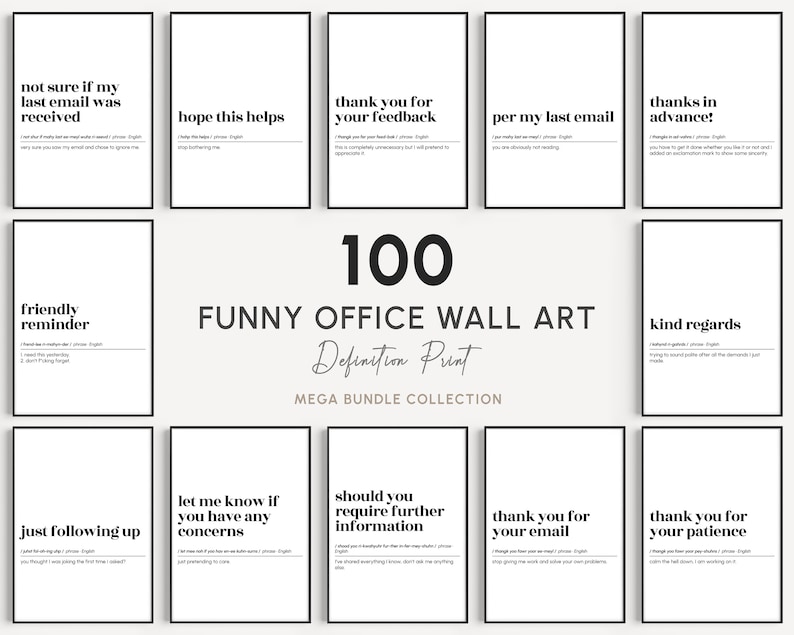 Funny Office Wall Art Set, 100 Prints Mega Bundle, Cubicle Decor ...