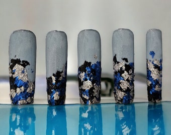 10 Press on nails bleu et brillants/Faux ongles personnalisés et réutilisables/Simple d'utilisation/Faits main