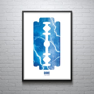 May include: A framed print of a blue and white razor blade with lightning bolts. The text "DIME 1964-2003" is below the image.