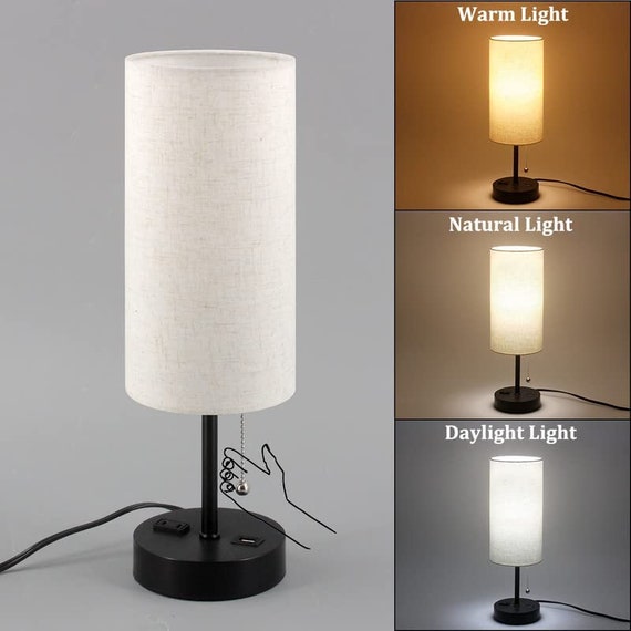 Small Bedroom Lamps with USB C and A Ports 3 Color Temperatures - 2700K  3500K 5000K Pull Chain White Nightstand Bedside Table Lamps with AC Outlet
