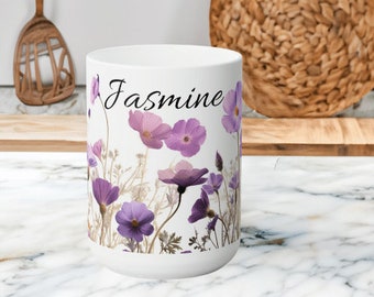 Personalized Purple Pressed Flower Mug, Custom Floral Gift