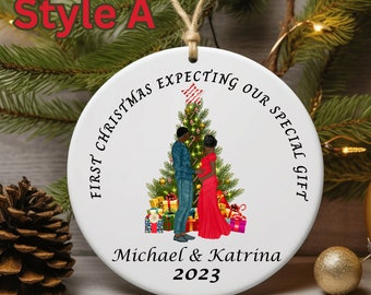 Personalized First Christmas Expecting Ornament, Custom African American Expecting Couple Ornament, Customized Pregnancy Christmas Ornament