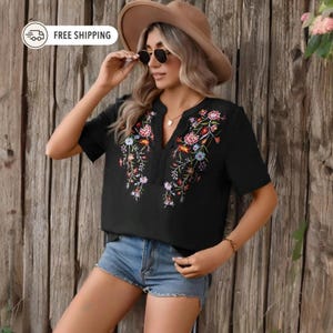 Floral Embroidery Blouse, Women's Boho Summer Top, Short Sleeve V Neck Shirt, Embroidered Tee, Loose Fit Shirt, Boho Casual Blouse