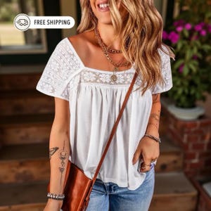 Women's V-Neck Ruffle Sleeve Top – Short Sleeve Lace Trim Tunic, Slim Fit Casual Blouse (White)