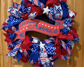 Red White and Blue Patriotic God Bless America Wreath XL Patriotic Wreath