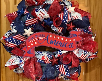 Red White and Blue Patriotic God Bless America Wreath XL Patriotic Wreath