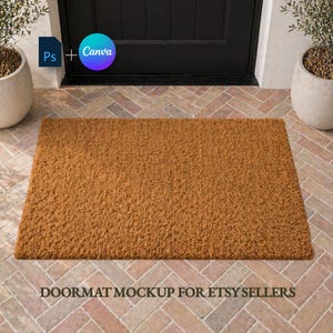 May include: A rectangular brown doormat with a textured surface, placed in front of a black door. The doormat is on a brick-patterned surface. Text at the bottom reads "DOORMAT MOCKUP FOR ETSY SELLERS".