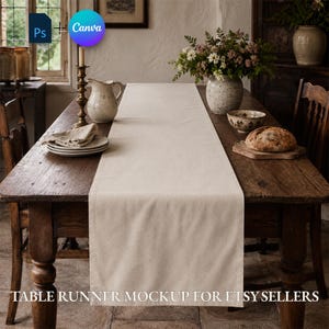 May include: A plain, light beige fabric table runner centered on a dark brown wooden dining table. The table is set with a stack of white plates, a ceramic pitcher, a bowl, a round loaf of bread, and a vase filled with white and purple flowers.