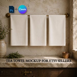May include: Three plain off-white tea towels hanging on a horizontal brass rod. The text TEA TOWEL MOCKUP FOR ETSY SELLERS is printed at the bottom. The scene includes a ceramic vase with greenery and a small copper pot on a stone counter.